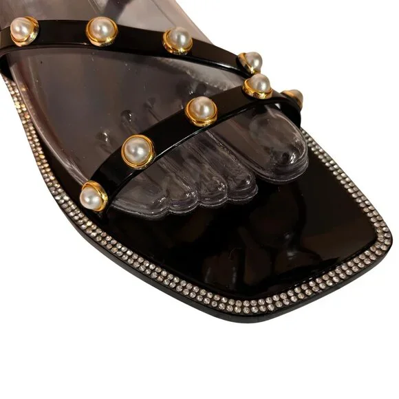 Steve Madden Black Pearl-Studded Flat Sandals With Rhinestone Trim Womens Size 9 - Picture 3 of 11